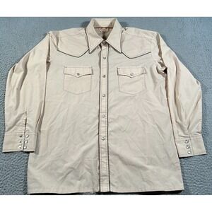 Vintage Goldenbell Shirt Mens 16.5 Beige Pearlsnap‎ Western Flap Pocket Cowboy